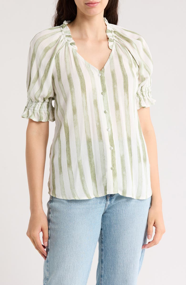 Bobeau Ruffle Split Neck Button-Down Top, Main, color,