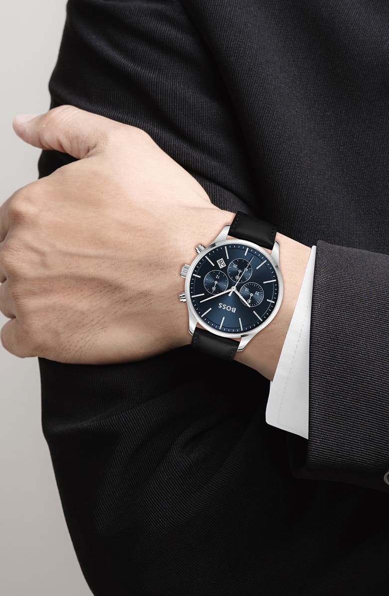 BOSS Avery Chronograph Leather Strap Watch, 42mm, Alternate, color, Blue