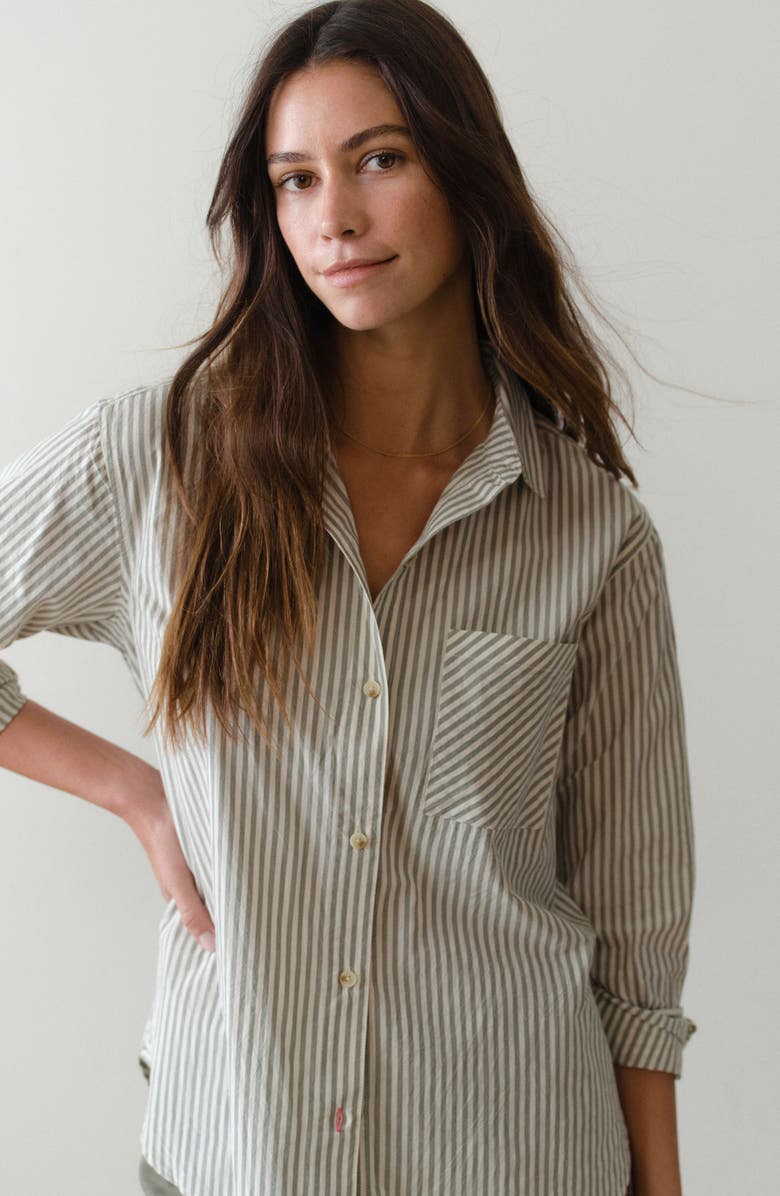 Marine Layer Jane California Relaxed Stripe Cotton Poplin Button-Up Shirt, Alternate, color, Olive Stripe