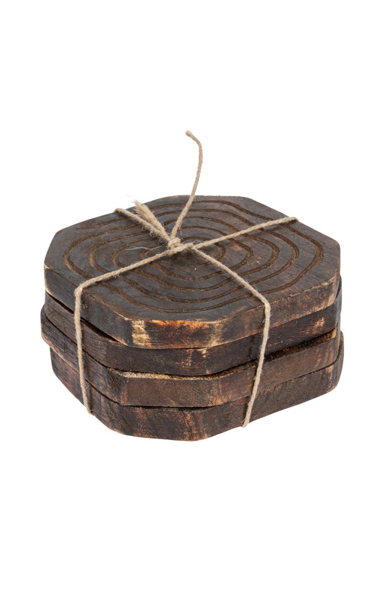 Storied Home 4 Inches Round Hand-Carved Mango Wood Coasters with Distressed Finish, Set of 4, Main, color, 