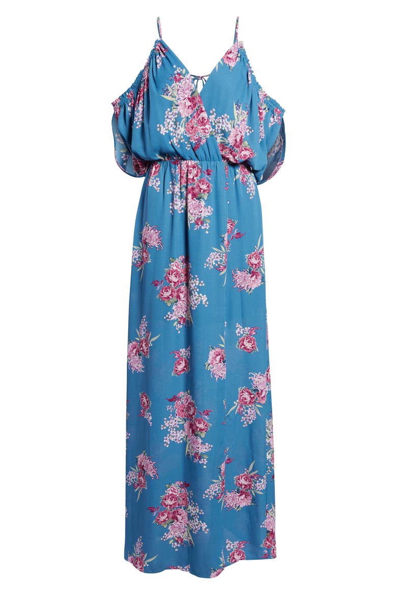 Cold Shoulder Maxi Dress, Alternate, color, TEAL FLORAL