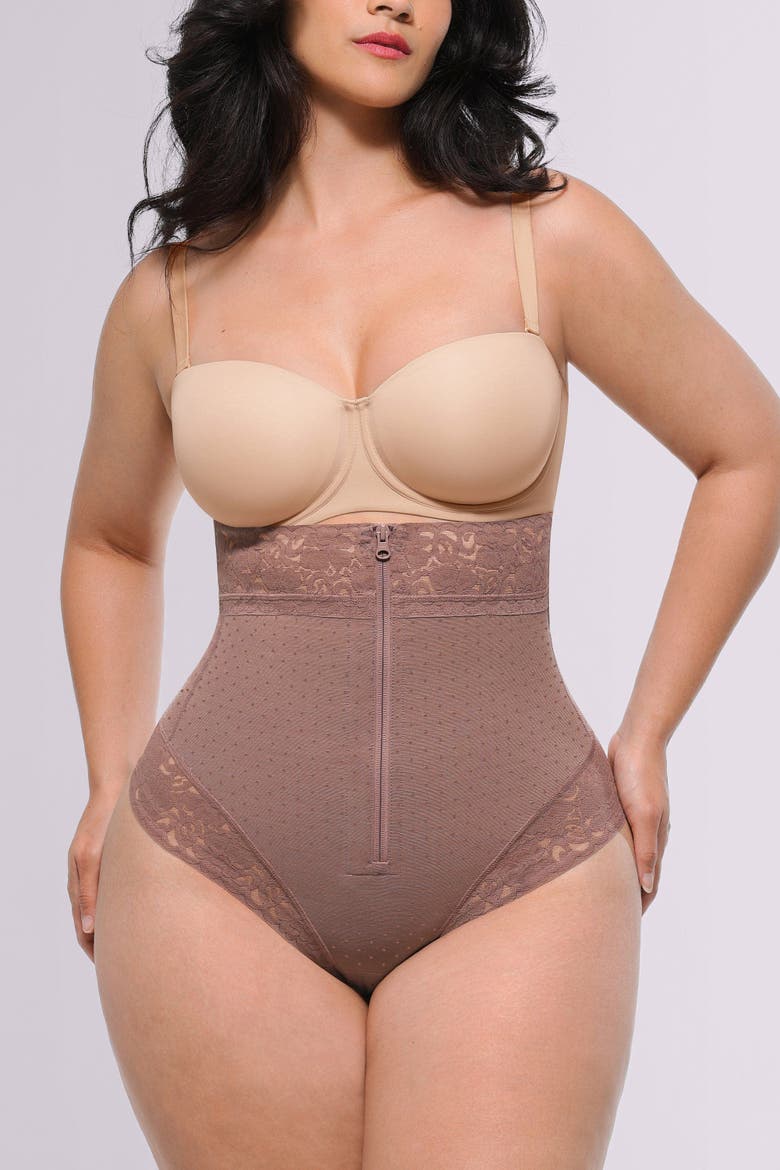 AirSlim High-Waisted Polka Dot Shaping Thong, Main, color, Warm Taupe