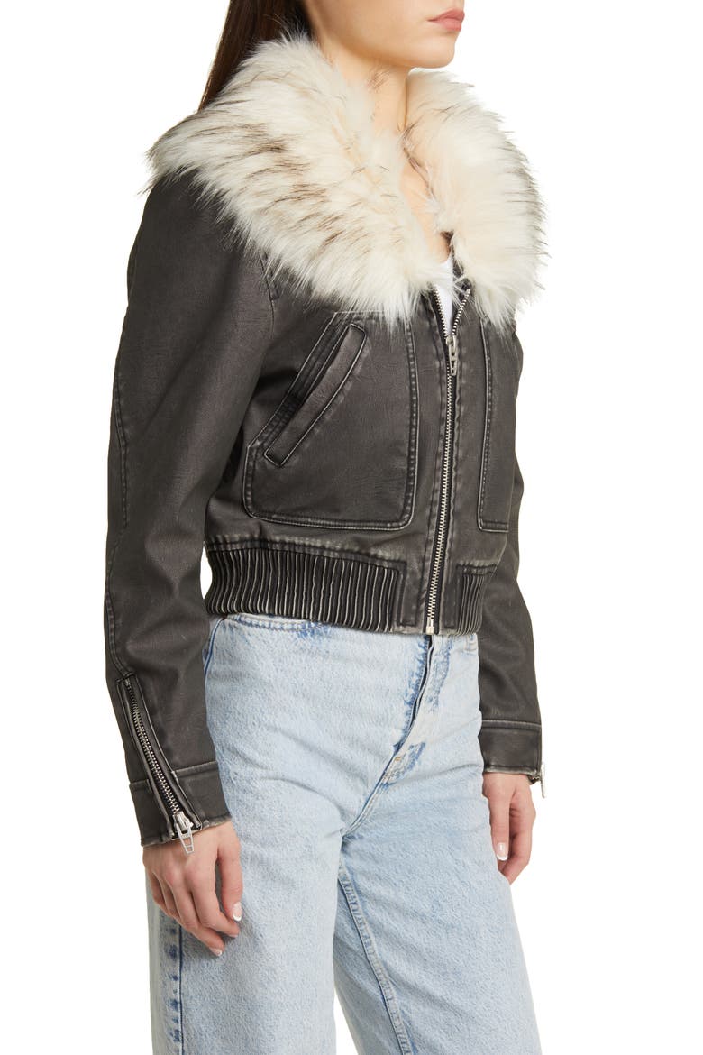 Faux Fur Collar Faux Leather Bomber Jacket, Alternate, color, MOONLIGHT