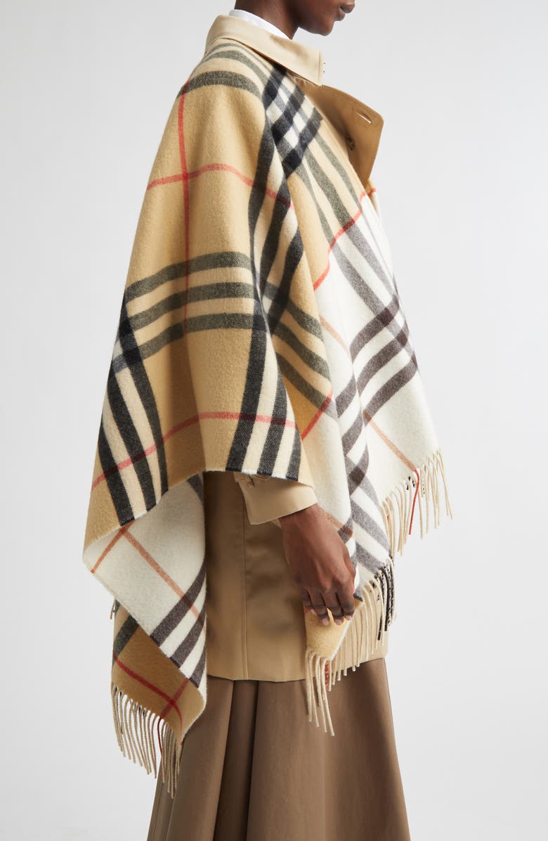 Burberry EKD Check Double Face Cashmere & Wool Fringe Cape, Alternate, color, Sand/ Pebble White