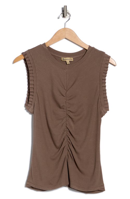 Democracy Ruched Rib Mixed Media Knit Top In Brown