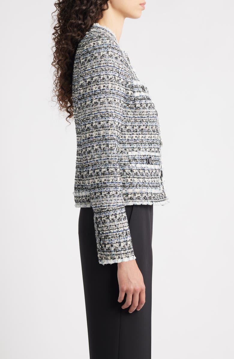 Elie Tahari The Dakota Fringe Trim Tweed Jacket, Alternate, color, Castle Blue Tweed