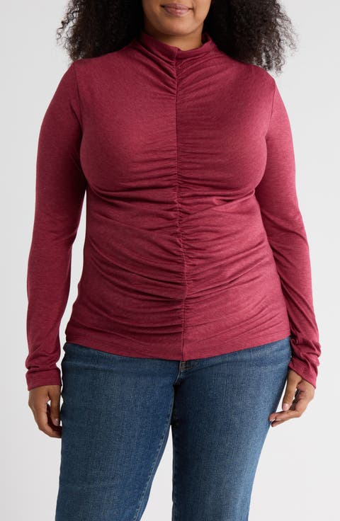Mock Neck Ruched Knit Top (Plus)