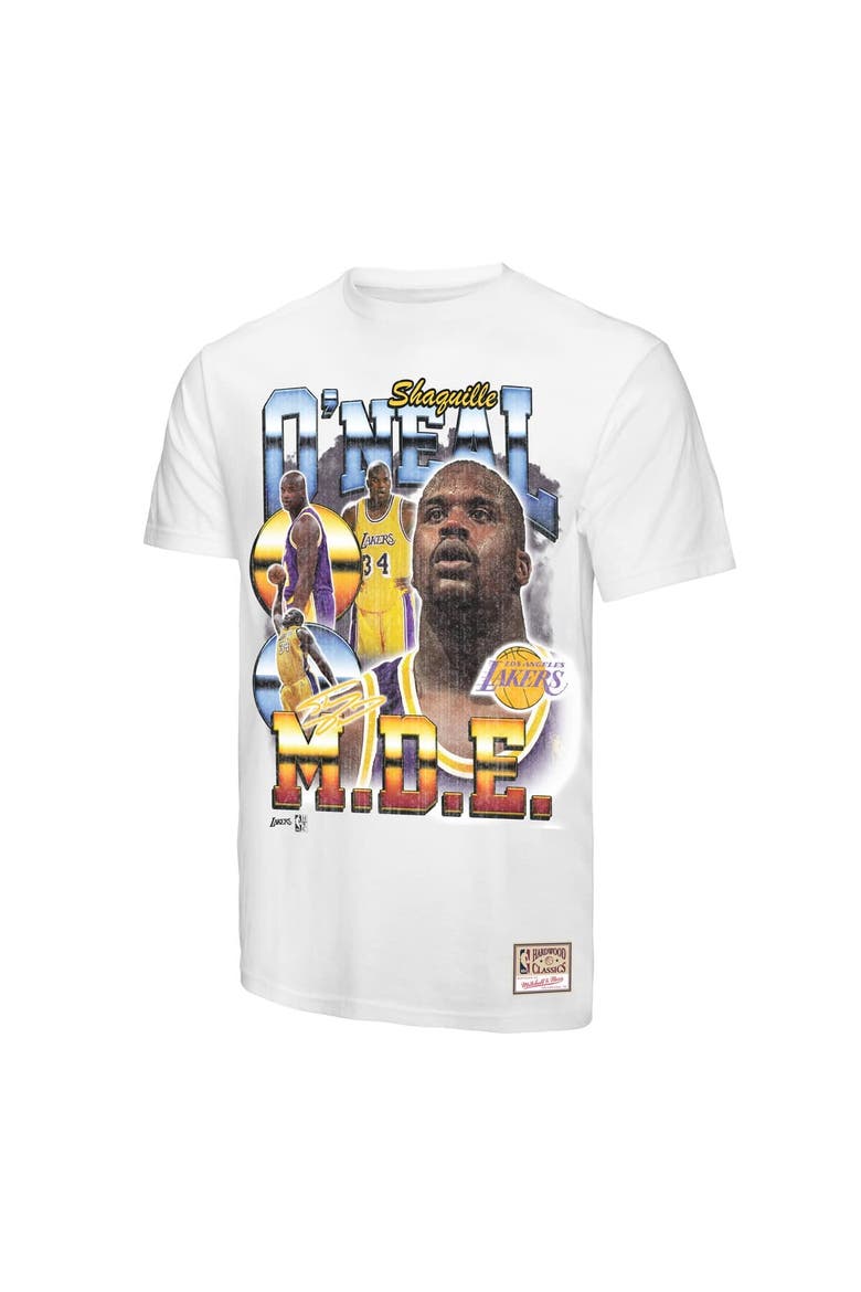 Men's Mitchell & Ness Shaquille O'Neal White Los Angeles Lakers Commemorative Collage T-Shirt, Alternate, color, White