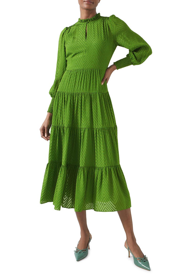 Flora Chevron Bracelet Sleeve Silk Blend Dress, Main, color, GREEN