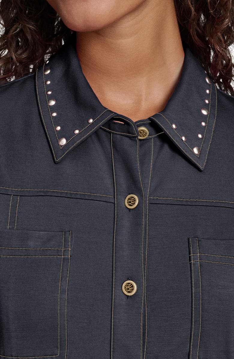 KARL LAGERFELD PARIS Stud Detail Pleated Shirtdress, Alternate, color, Midnight Navy