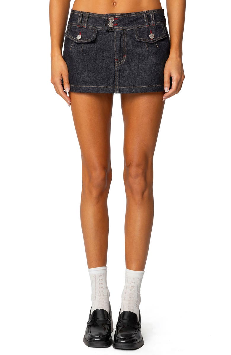 EDIKTED Rae Low Rise Denim Miniskort, Main, color, Dark-Blue