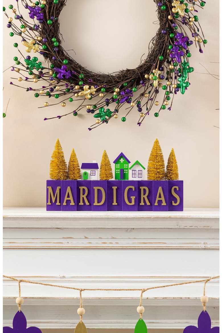 Mardi Gras Wooden House Brush Trees Table Decor, Alternate, color, Purple