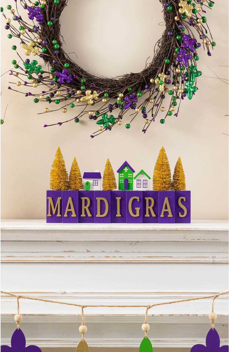 Glitzhome Mardi Gras Wooden House Brush Trees Table Decor, Alternate, color, Purple