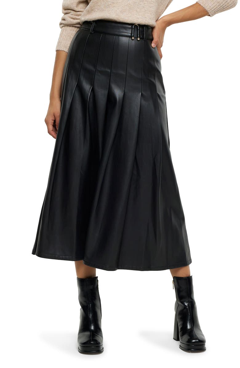 River Island Pleated Faux Leather Midi Skirt, Main, color, 