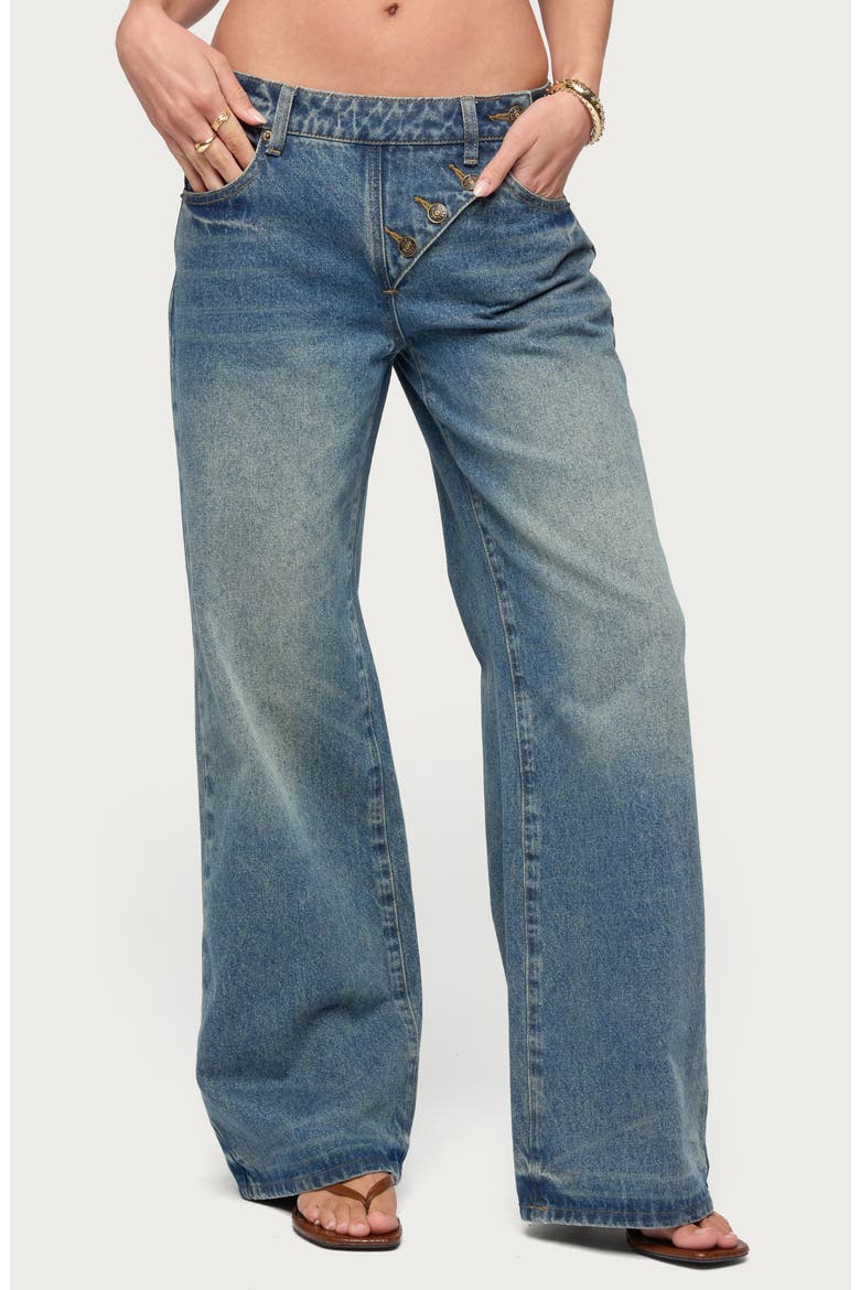 Moxlan Slant Button Low Rise Wide Leg Jeans, Main, color, BLUE-WASHED