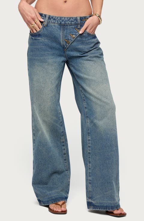 Moxlan Slant Button Low Rise Wide Leg Jeans