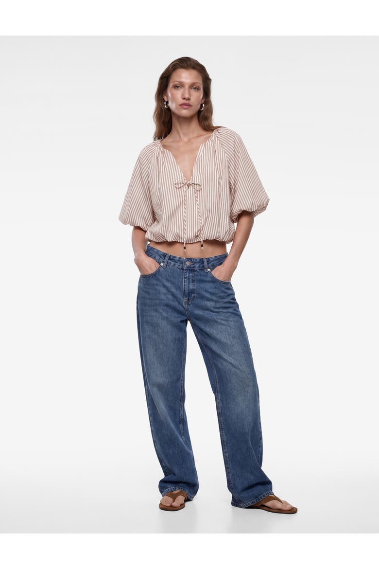 Tied Striped Puff Sleeve Crop Top, Main, color, BROWN STRIPE
