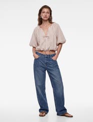 Koton Tied Striped Puff Sleeve Crop Top