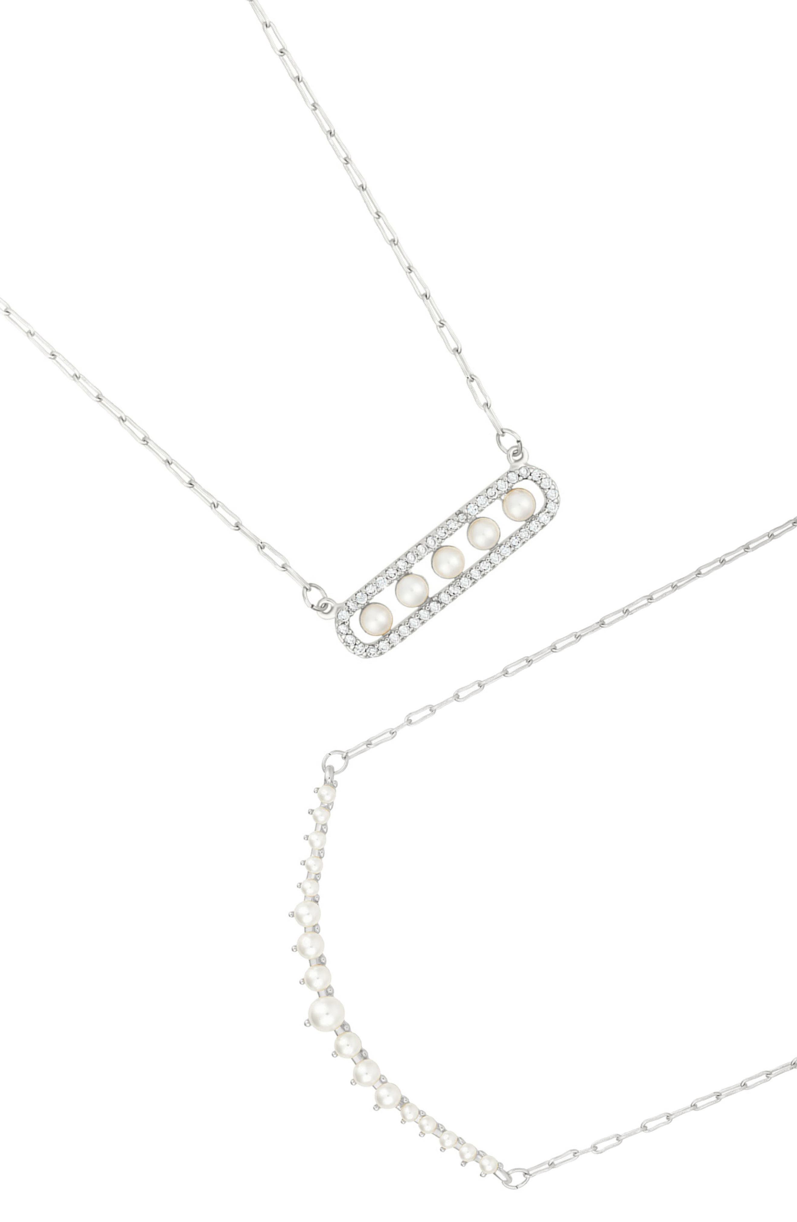 Adornia Set of 2 Freshwater Pearl & Cubic Zirconia Bar Necklaces