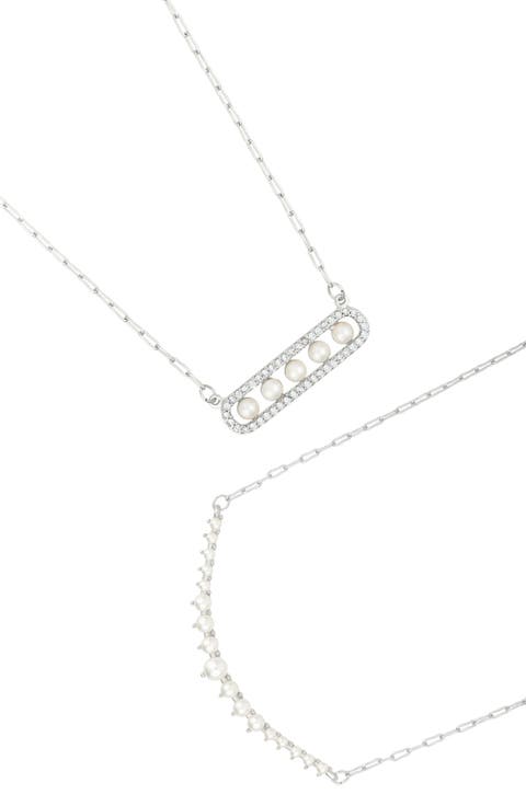 Set of 2 Freshwater Pearl & Cubic Zirconia Bar Necklaces