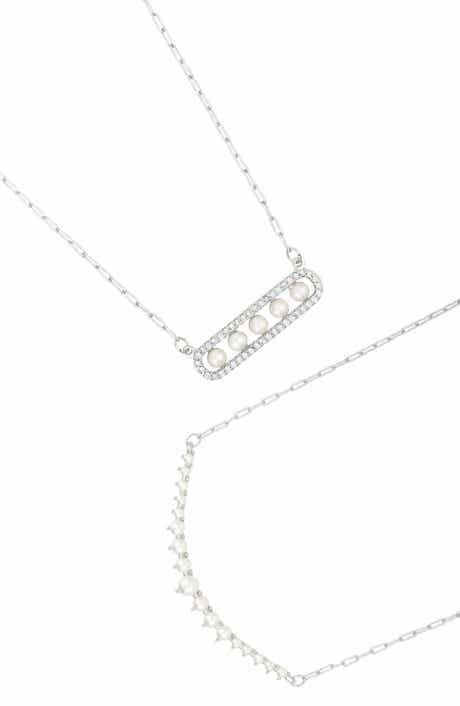Adornia Set of 2 Freshwater Pearl & Cubic Zirconia Bar Necklaces