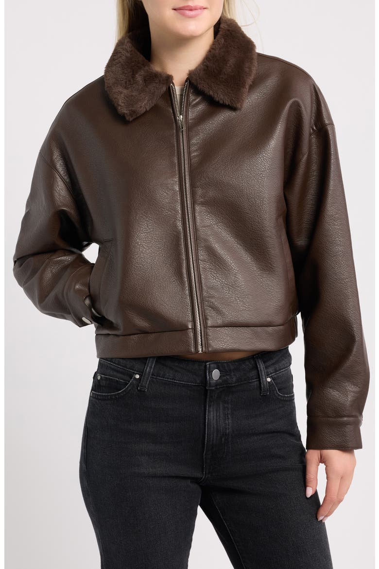 Faux Leather Zip Jacket, Alternate, color, DARK BROWN