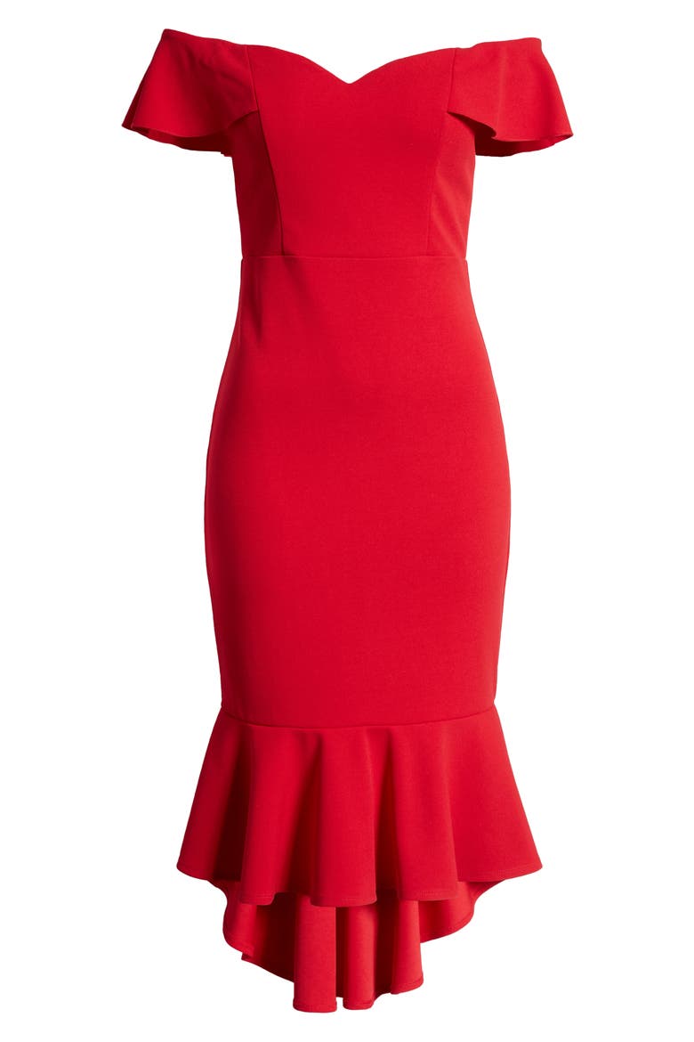 Off the Shoulder High/Low Midi Dress, Alternate, color, RED