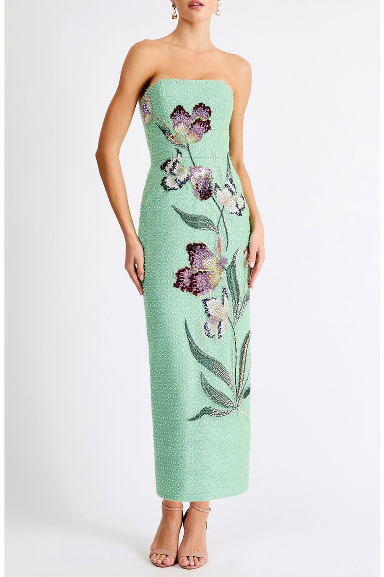 blue and green strapless dress Women's Carla Strapless Rib Midi Dress in Tranquil Blue Splash Wash by YFB