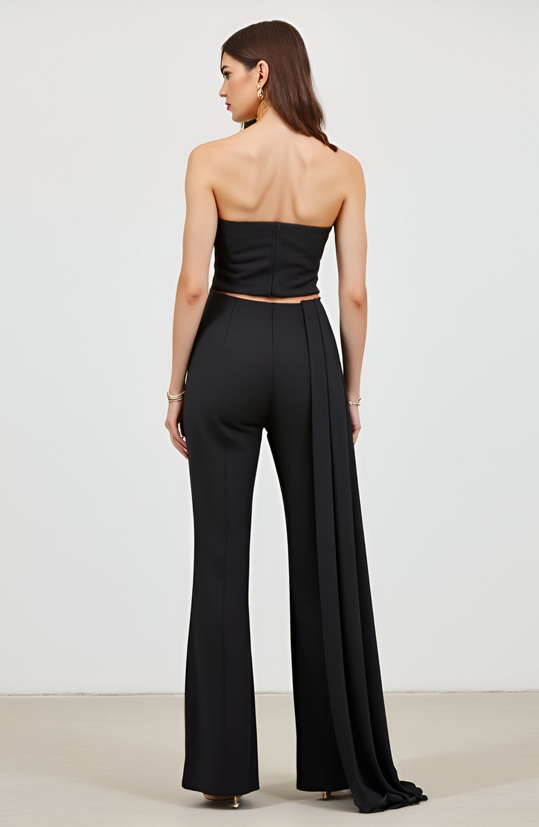 Modenaire Solid Stretch Woven Corset Top and High-Waist Boot-Cut Pant Set with Chiffon Sash, Alternate, color, 