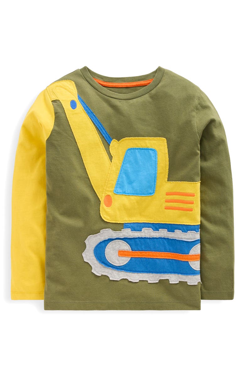 Mini Boden Kids' Digger Appliqué Long Sleeve Cotton Graphic T-Shirt, Main, color, Dill Digger