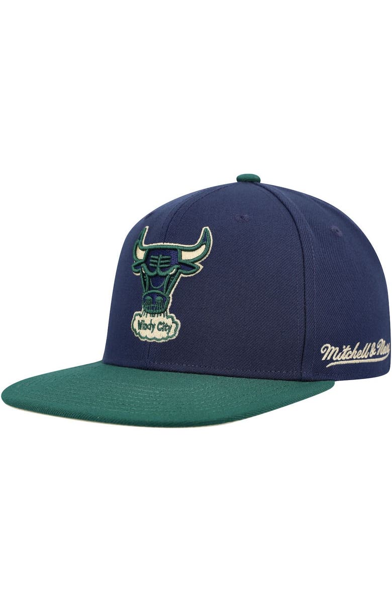 Mitchell & Ness Men's Mitchell & Ness Navy/Green Chicago Bulls 40th Anniversary Hardwood Classics Grassland Fitted Hat, Alternate, color, 