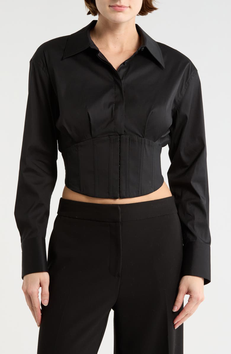Alice + Olivia Edie Corset Button-Up Shirt, Main, color, Black