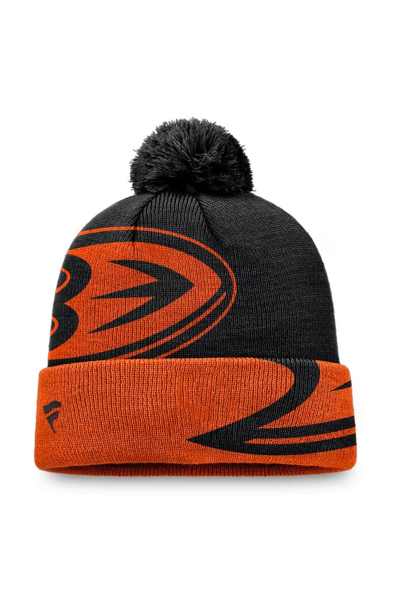FANATICS Men's Fanatics Black/Orange Anaheim Ducks Block Party Cuffed Knit Hat with Pom, Alternate, color, 