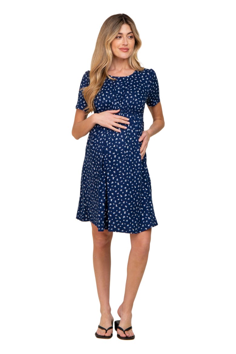 Floral Smocked Short Sleeve Dress, Main, color, Navy Blue
