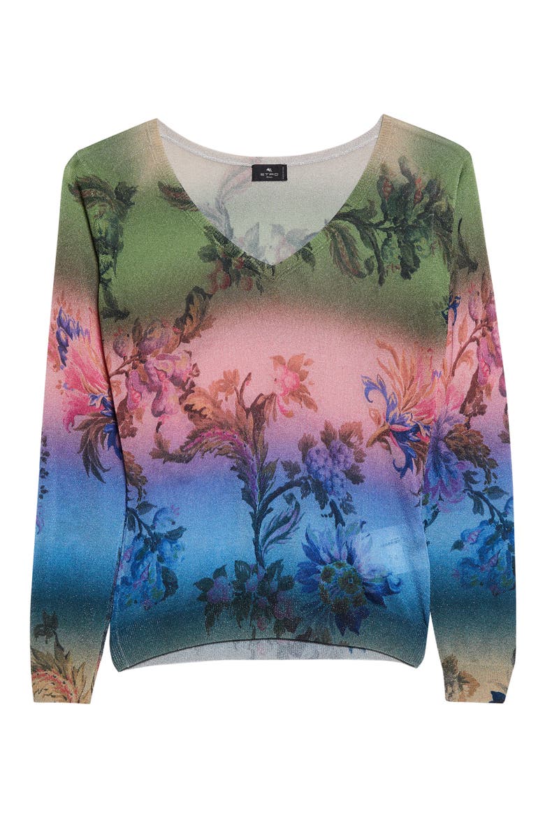 Metallic Floral Ombré V-Neck Sweater, Alternate, color, GREEN