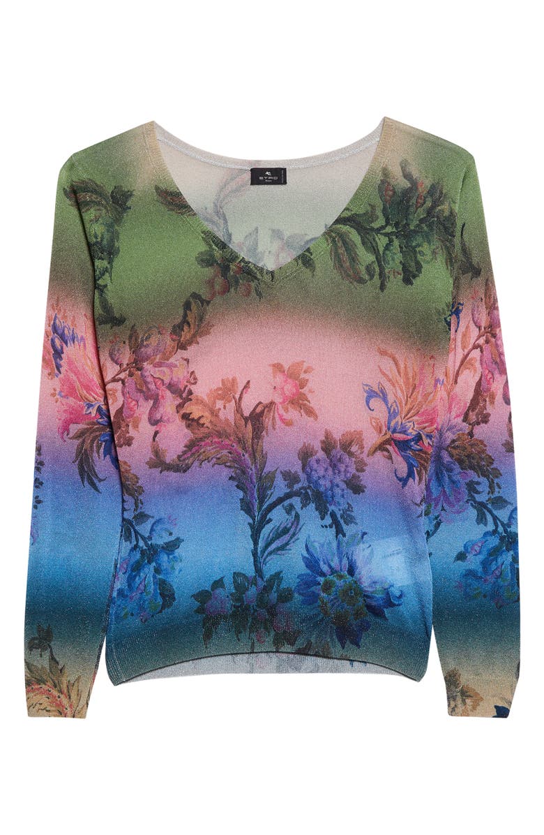 Etro Metallic Floral Ombré V-Neck Sweater, Alternate, color, Green