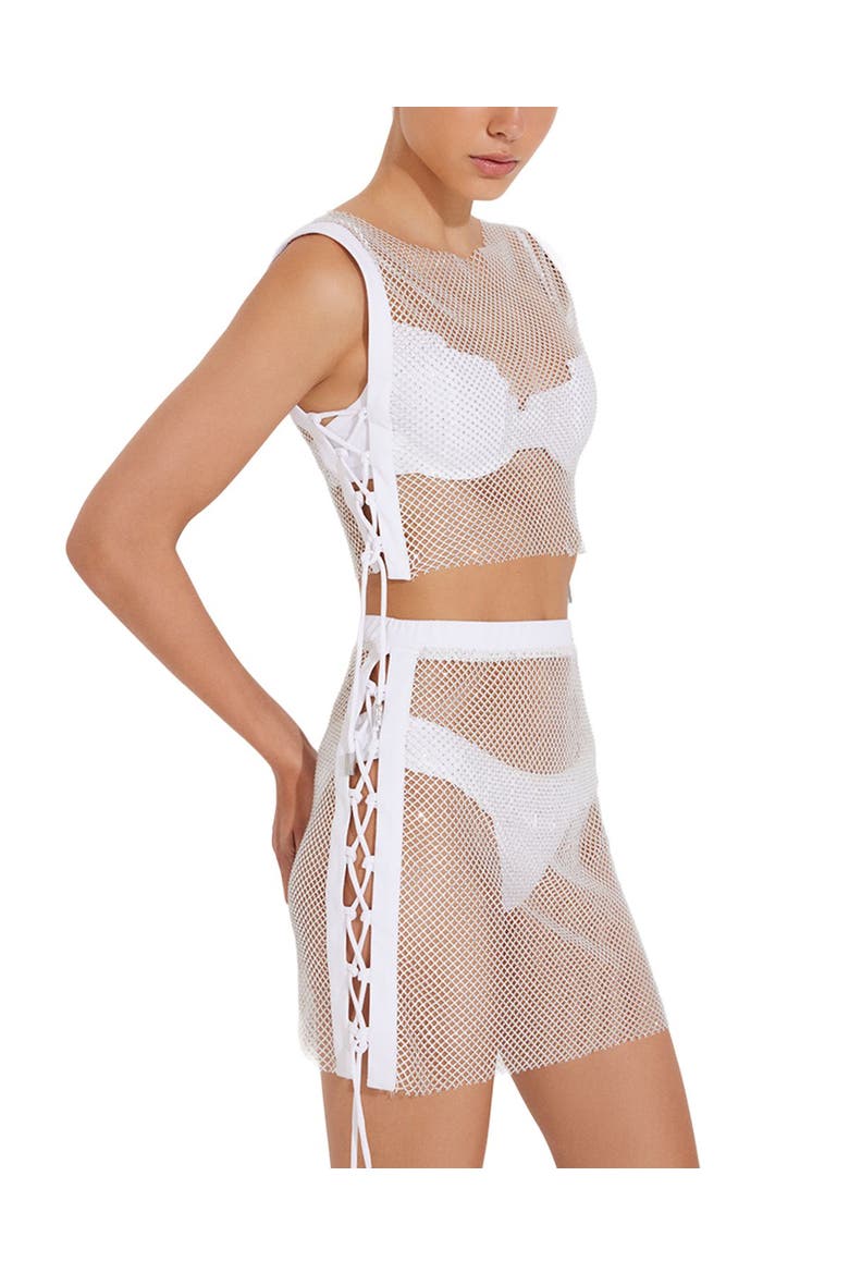 Alejandra Rhinestone Details Mesh Skirt, Main, color, White
