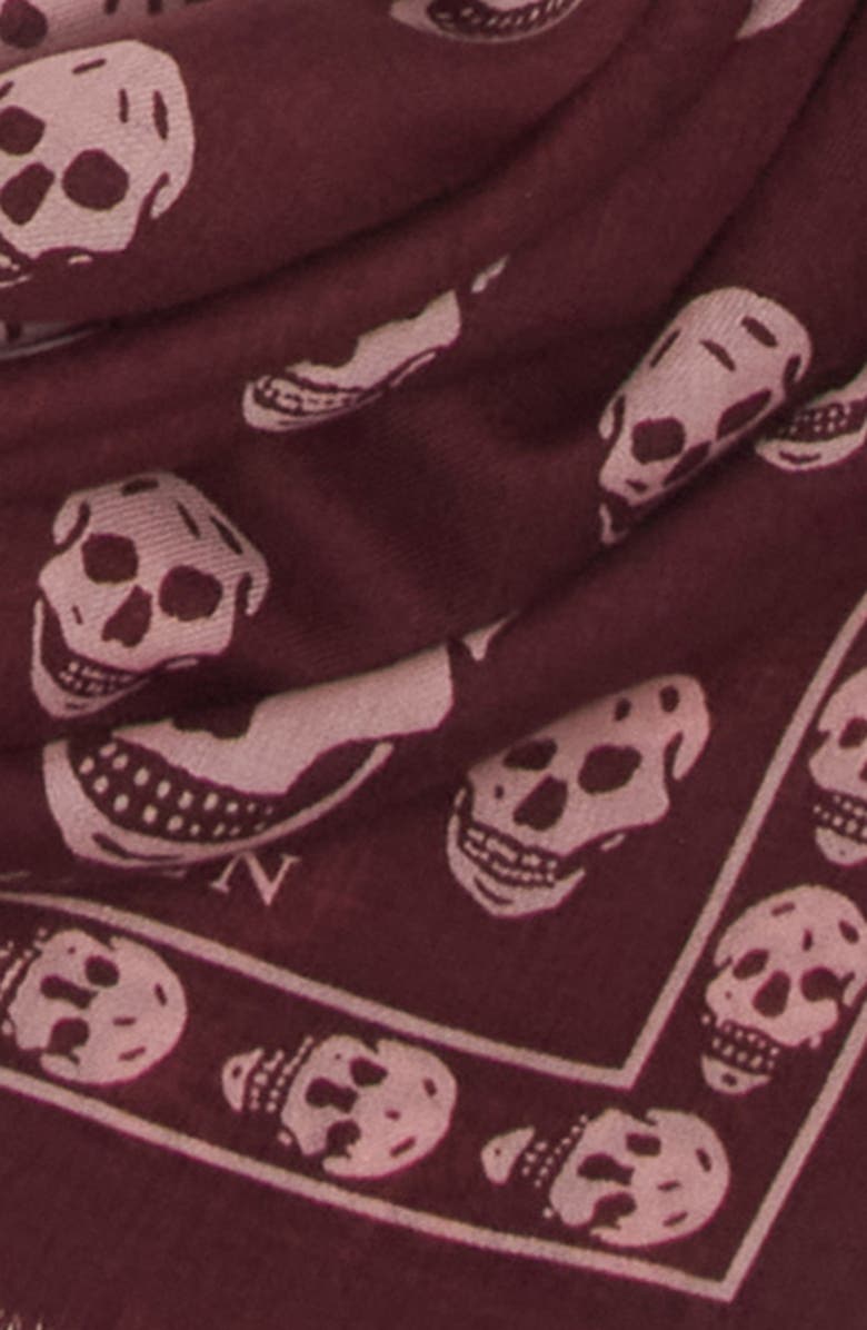 McQueen Skull Print Wool Fringe Scarf, Alternate, color, Burgundy/ Pink