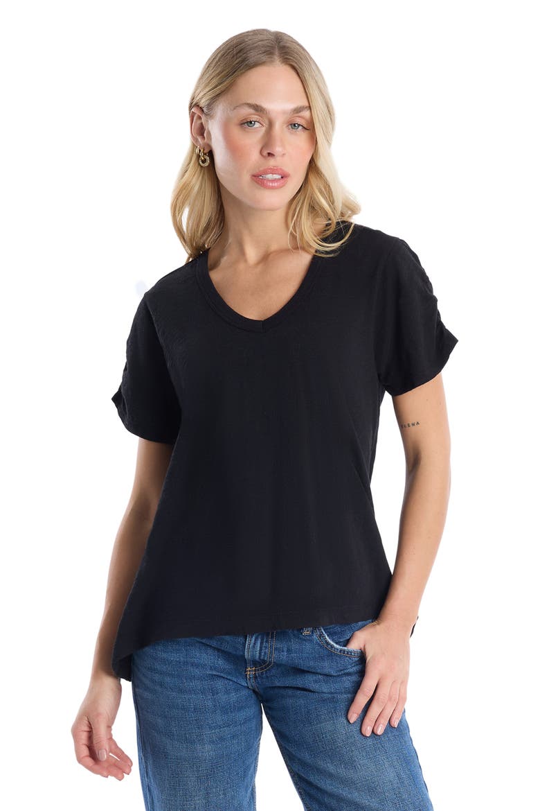 Deep V-Neck Ruched Sleeve Tee, Main, color, Black