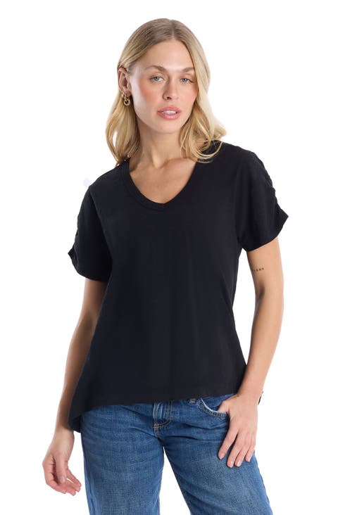Deep V-Neck Ruched Sleeve Tee