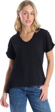 Wilt Deep V-Neck Ruched Sleeve Tee