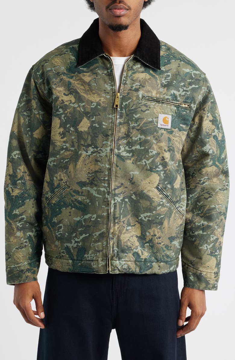 Carhartt Work In Progress OG Detroit Organic Cotton Canvas Jacket, Alternate, color, Camo Combi Green Black Stone