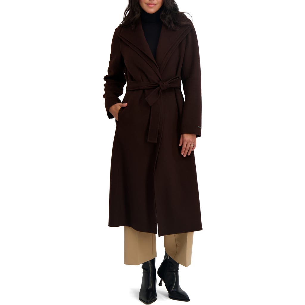 Tahari Elliot Tie Waist Wool Blend Coat In Brown