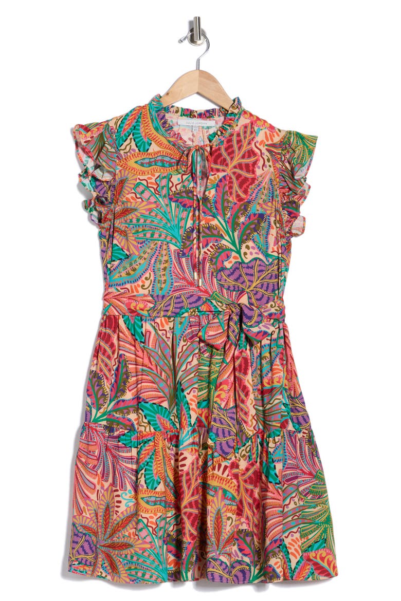 Flutter Sleeve Floral Print Midi Dress, Alternate, color, RED/ IVORY/ TEAL MULTI