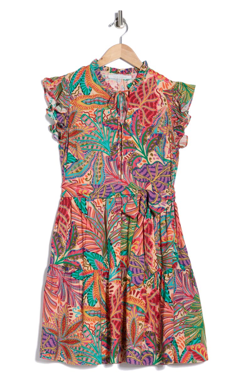 Julia Jordan Flutter Sleeve Floral Print Midi Dress, Alternate, color, Red/ Ivory/ Teal Multi