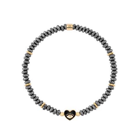 Evil Eye Heart Black Enamel Hematite Women's Beaded Bracelet Heartfelt Gaze