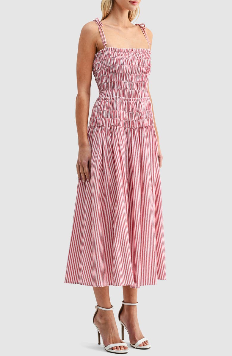 All in Favor Stripe Smocked Bodice Jersey Midi Dress, Alternate, color, Red Ivory