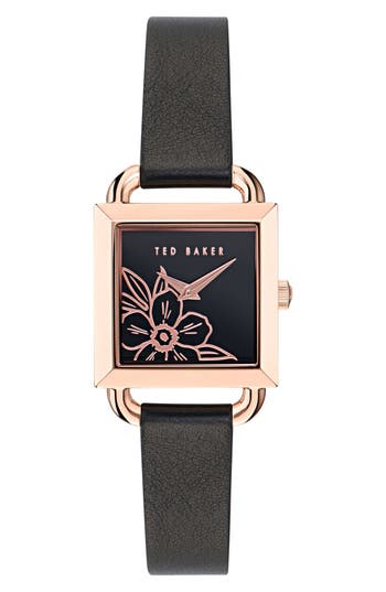 Ted Baker London Square Leather Strap Watch In Black