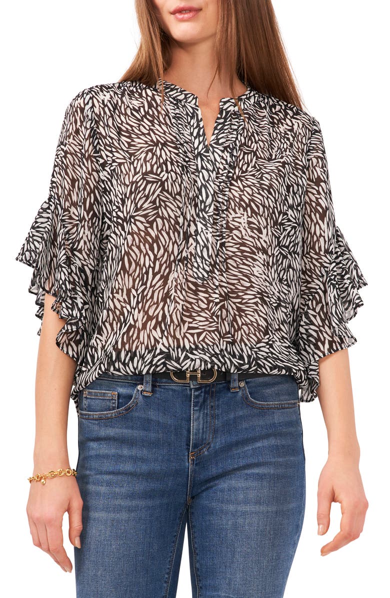 Vince Camuto Leaf Print Flutter Sleeve Blouse, Main, color, 