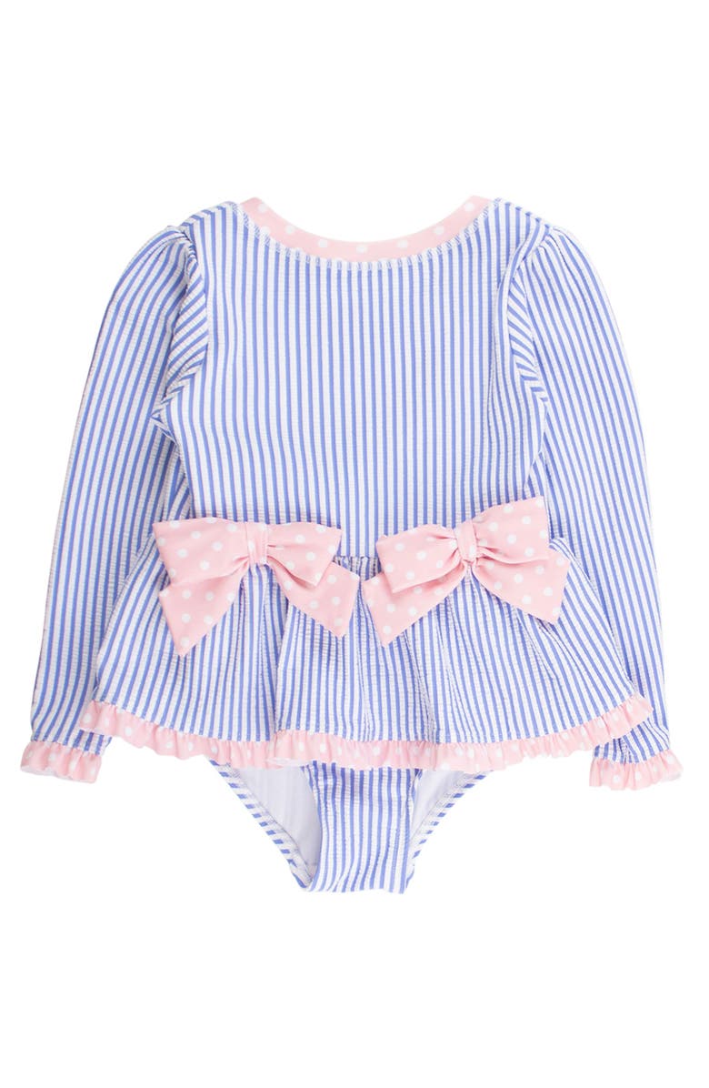 RuffleButts UPF50+ Seersucker Long Sleeve One Piece Bow Peplum Rash Guard Swimsuit, Main, color, Periwinkle Blue Seersucker